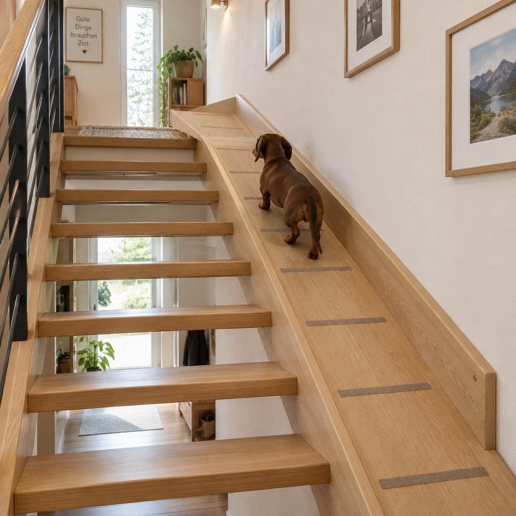 Dackel läuft die wandmontierte Laufspur aus Eiche entlang einer offenen Holztreppe hinauf